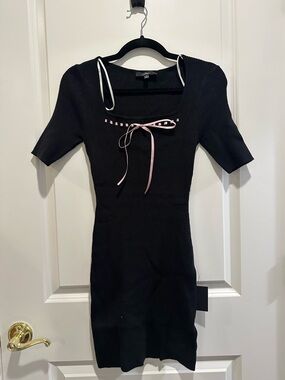 Lulu's Black Knit Mini Dress with Pink Ribbon Trim